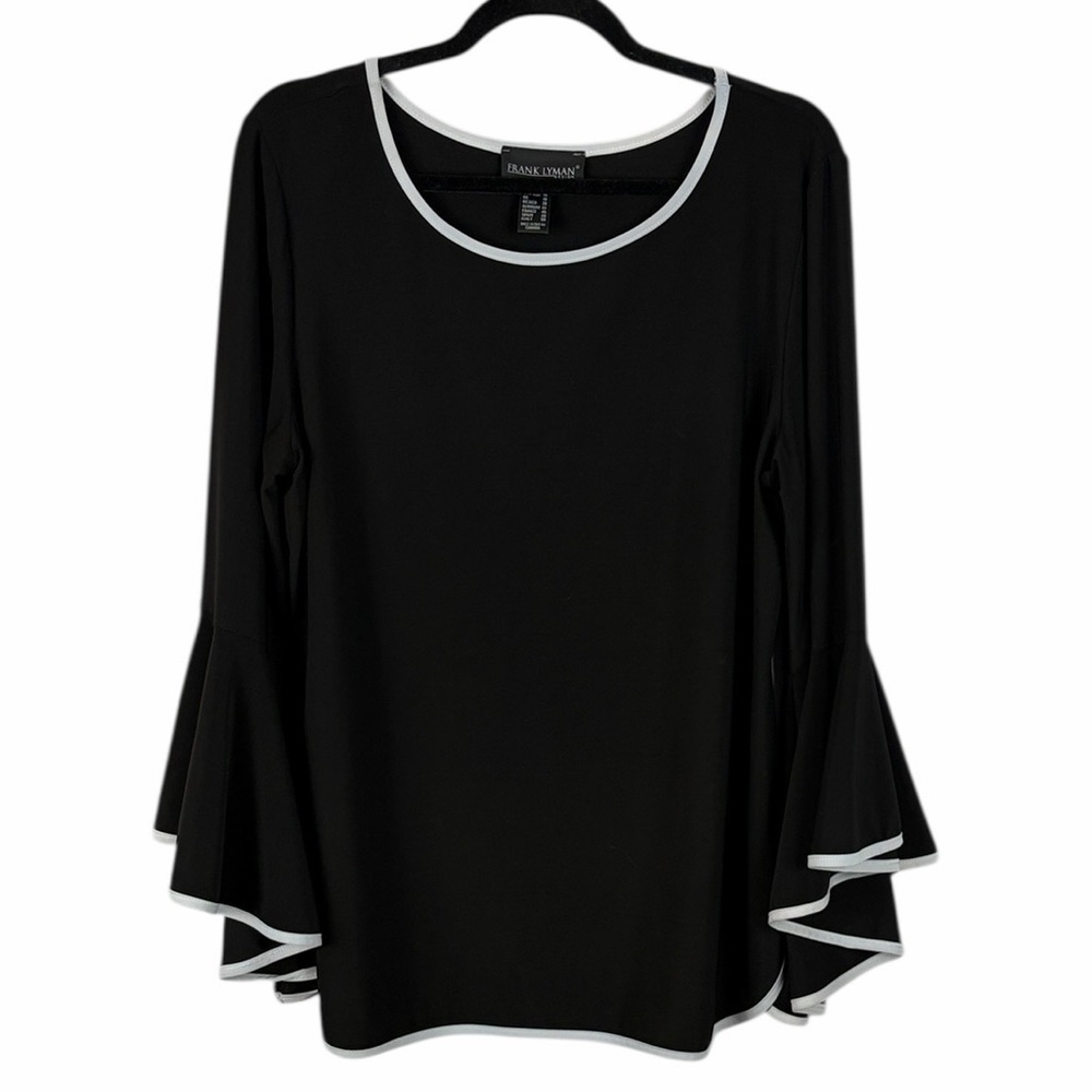 Frank Lyman Black Bell Sleeve Top White Trim Size 16 Made in Canada Blouse